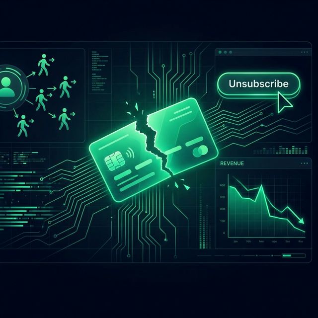 Cartão de assinatura sendo cancelado com gráfico de receita em queda