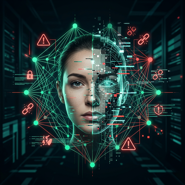 Rosto dividido entre real e reconstrução digital por IA