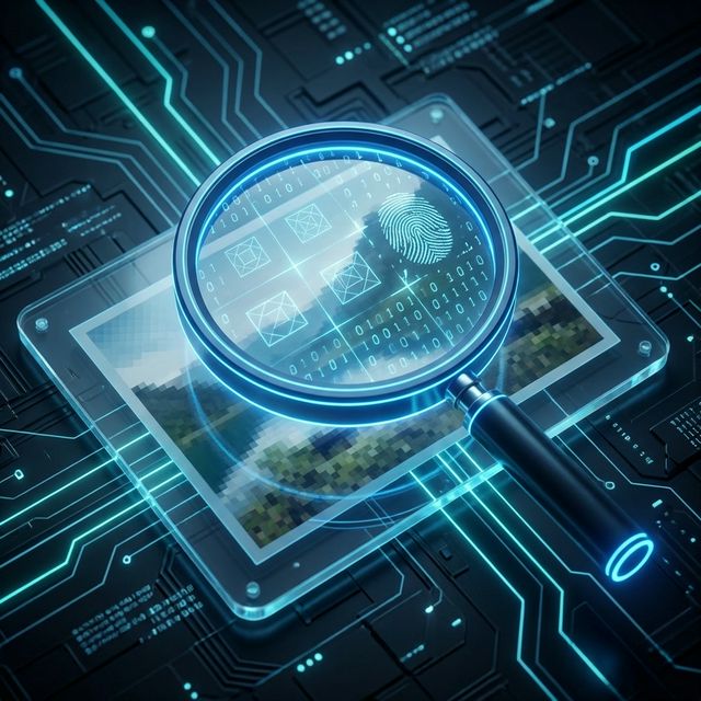 Lupa digital revelando padrões de marca d'água oculta em uma fotografia
