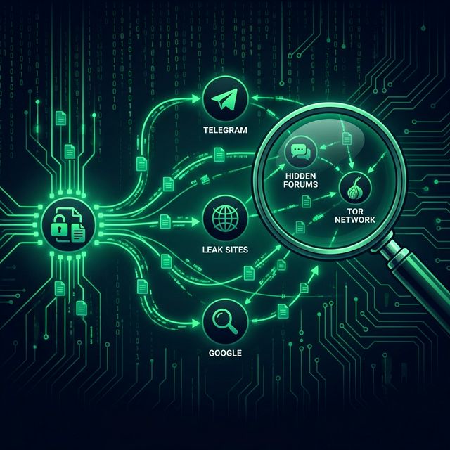 Mapa de rede mostrando como conteúdo se espalha do Telegram para sites de leak e Google
