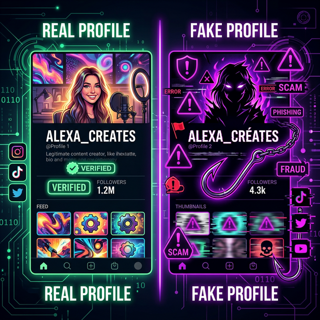 Ilustração mostrando perfil real versus perfil falso de criador de conteúdo