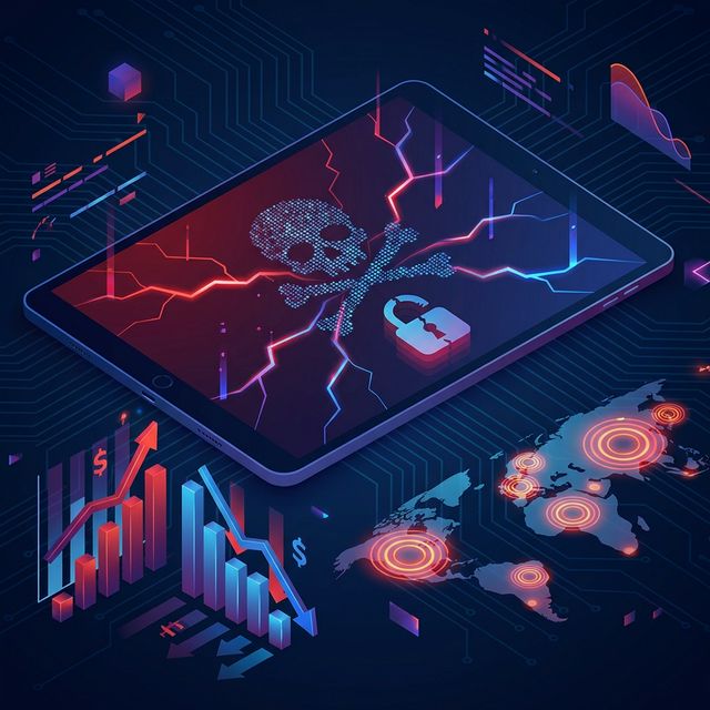 Tablet com gráficos mostrando impacto da pirataria digital com mapa mundial