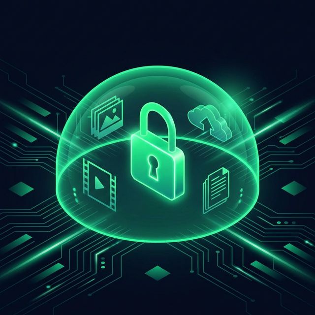 Cadeado digital protegendo fotos e vídeos dentro de uma cúpula de segurança